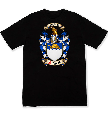 Bidgood coat of arms on a black Tshirt