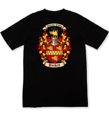 Beckett coat of arms on a black Tshirt