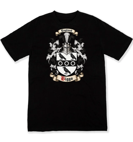 Biggs coat of arms on a black Tshirt