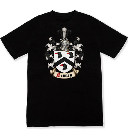 Bewley coat of arms on a black Tshirt
