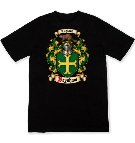 Beynham coat of arms on a black Tshirt