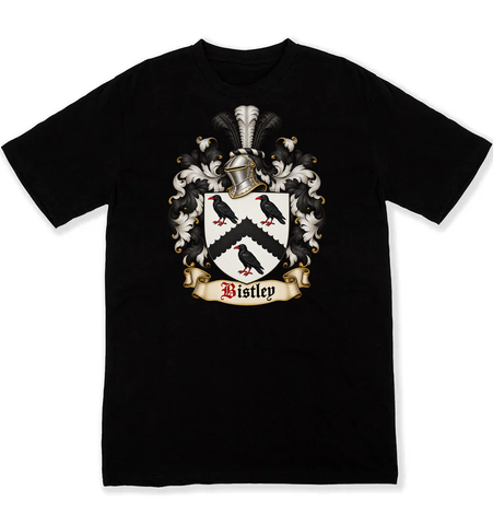 Bistley coat of arms on a black Tshirt