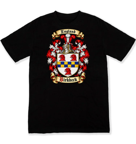 Birkbeck coat of arms on a black Tshirt