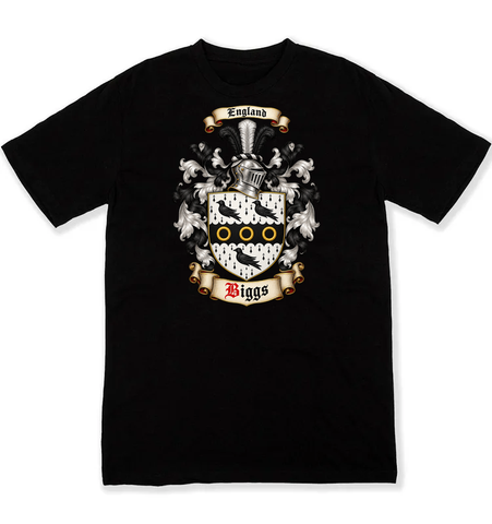 Biggs coat of arms on a black Tshirt