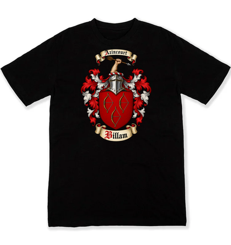 Billam coat of arms on a black Tshirt