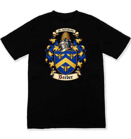 Beebee coat of arms on a black Tshirt