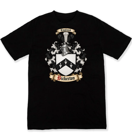 Bickerton coat of arms on a black Tshirt
