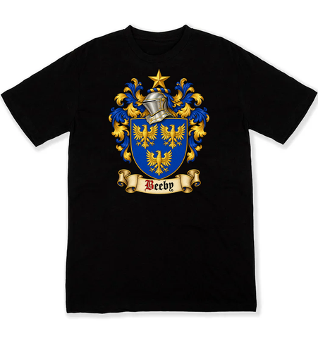 Beeby coat of arms on a black Tshirt