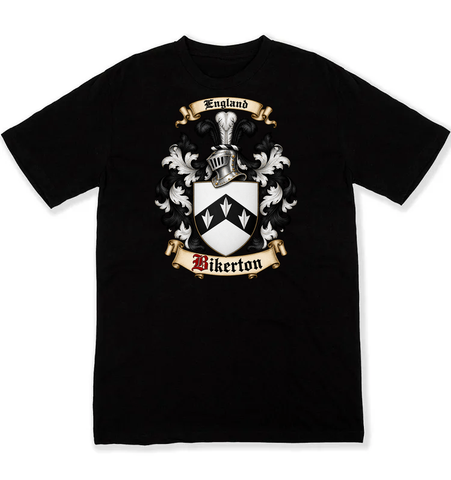 Bikerton coat of arms on a black Tshirt