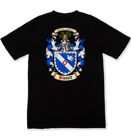 Bissett coat of arms on a black Tshirt