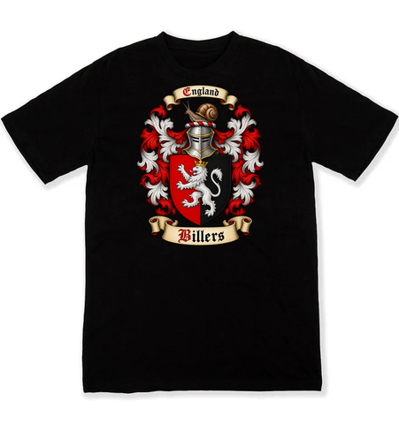 Billers coat of arms on a black Tshirt