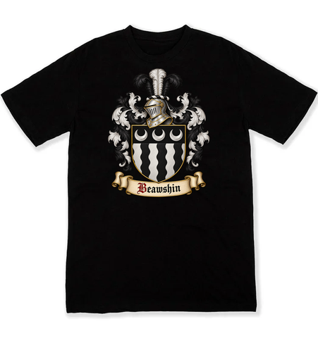 Beawshin coat of arms on a black Tshirt