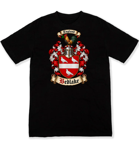 Bedlake coat of arms on a black Tshirt