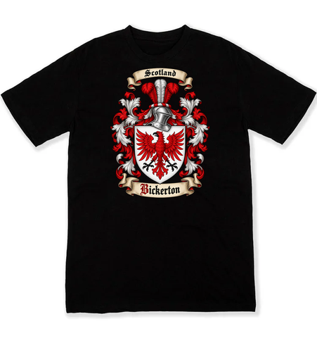 Bickerton coat of arms on a black Tshirt