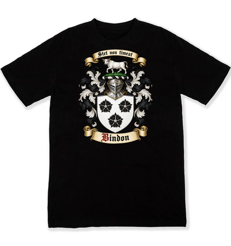 Bindon coat of arms on a black Tshirt