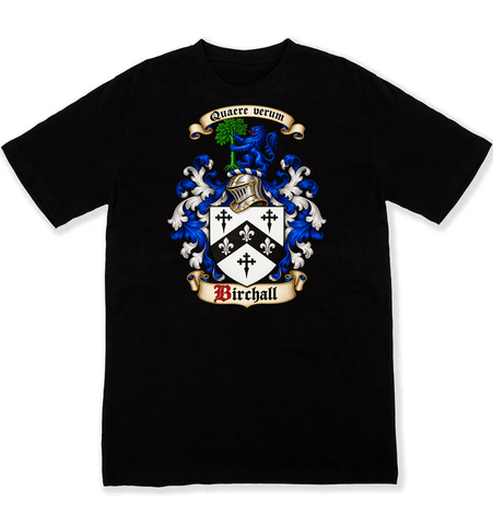 Birchall coat of arms on a black Tshirt