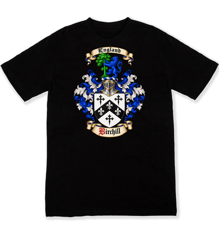 Birchill coat of arms on a black Tshirt