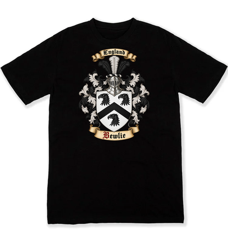 Bewlie coat of arms on a black Tshirt