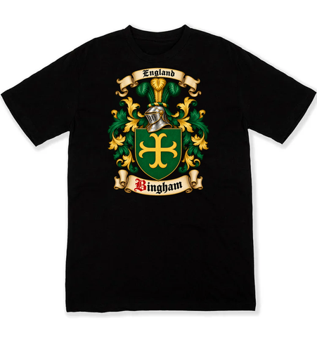 Bingham coat of arms on a black Tshirt