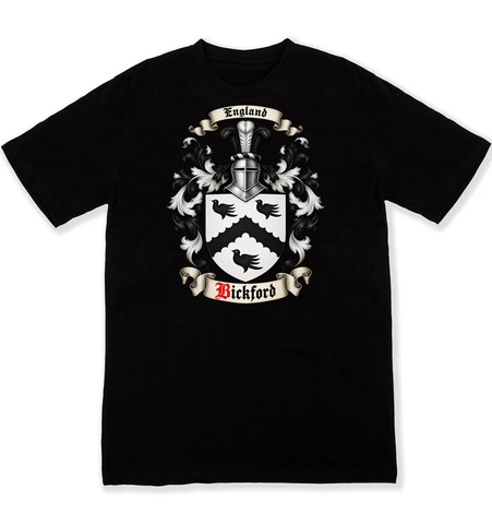Bickford coat of arms on a black Tshirt