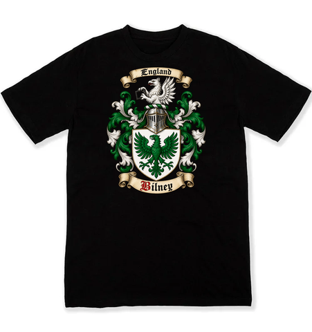 Bilney coat of arms on a black Tshirt