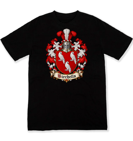 Birchells coat of arms on a black Tshirt