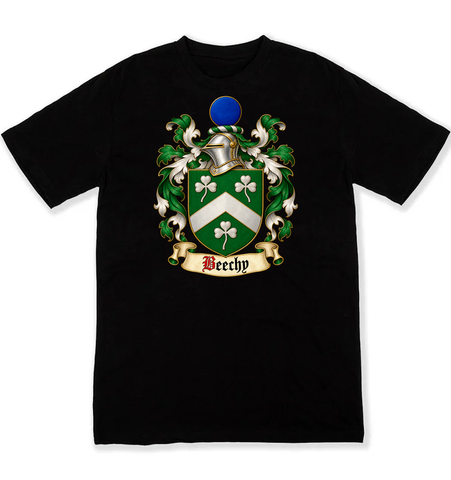 Beechy coat of arms on a black Tshirt