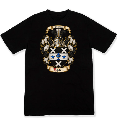 Bedell coat of arms on a black Tshirt