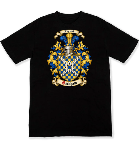 Beckham coat of arms on a black Tshirt