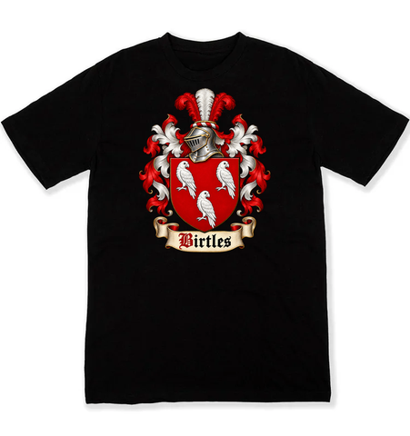 Birtles coat of arms on a black Tshirt