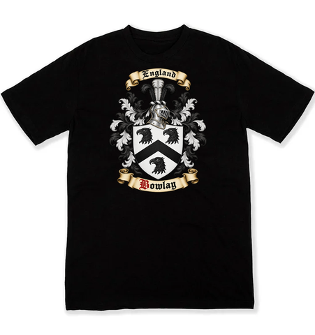 Bowlay coat of arms on a black Tshirt