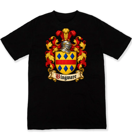 Bingware coat of arms on a black Tshirt