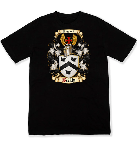 Beckly coat of arms on a black Tshirt