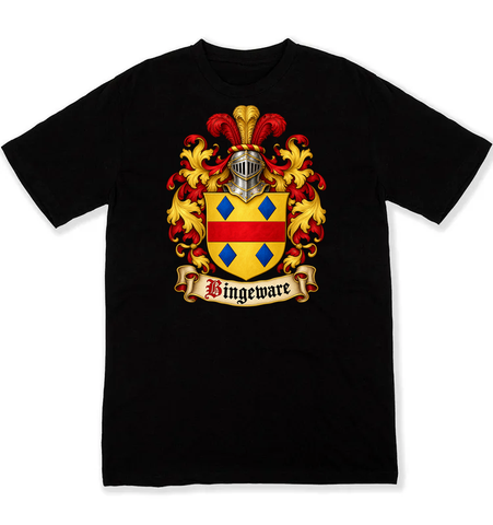 Bingeware coat of arms on a black Tshirt