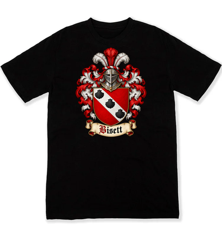 Bisett coat of arms on a black Tshirt