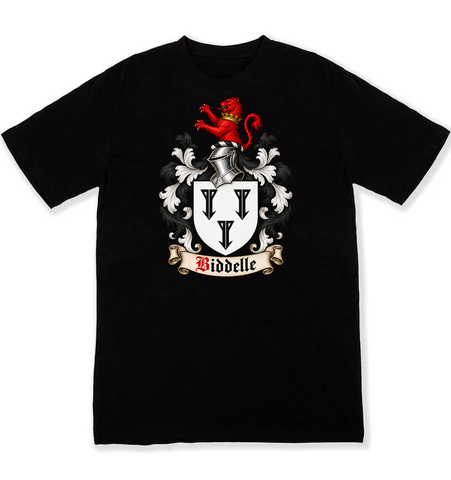 Biddelle coat of arms on a black Tshirt