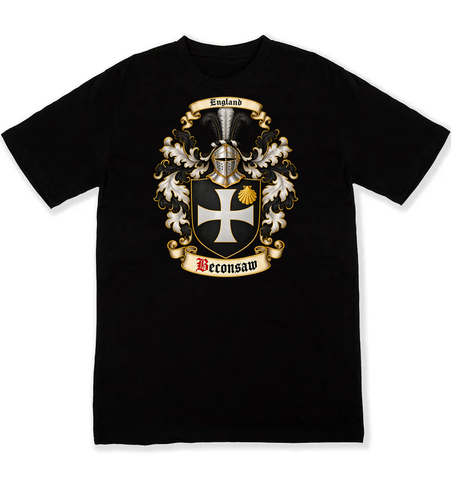 Beconsaw coat of arms on a black Tshirt