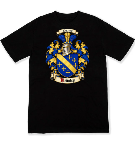 Beduley coat of arms on a black Tshirt