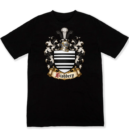 Bishbery coat of arms on a black Tshirt