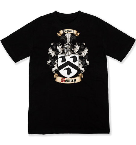 Bewley coat of arms on a black Tshirt