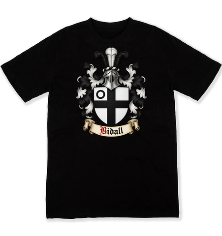 Bidall coat of arms on a black Tshirt