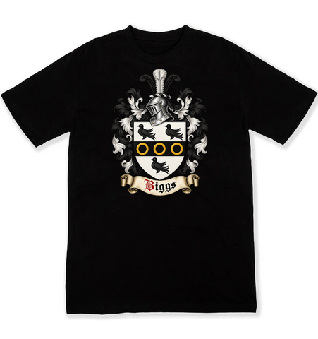 Biggs coat of arms on a black Tshirt