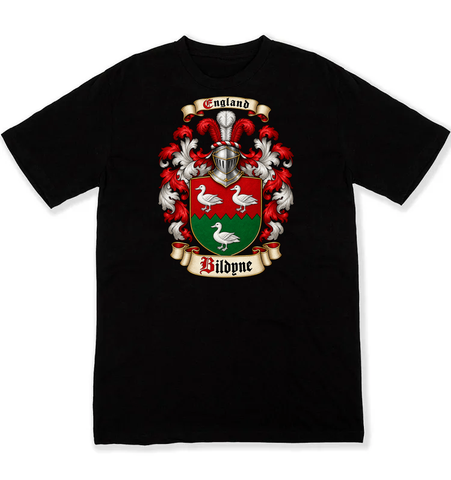 Bildyne coat of arms on a black Tshirt