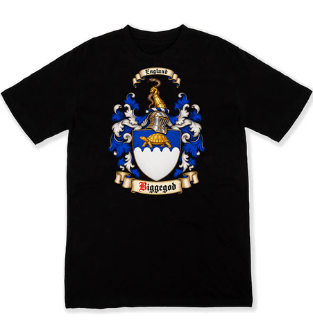Biggegod coat of arms on a black Tshirt