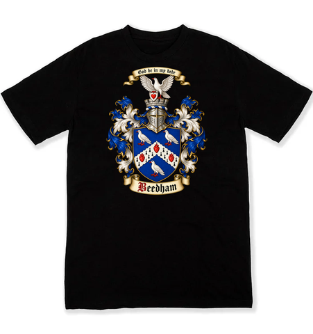 Beedham coat of arms on a black Tshirt