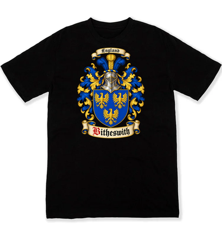 Bitheswith coat of arms on a black Tshirt