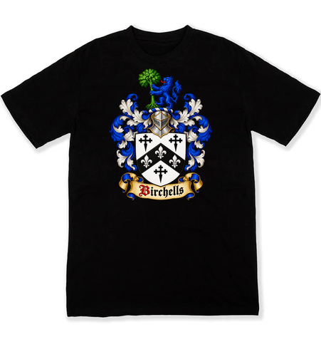 Birchells coat of arms on a black Tshirt