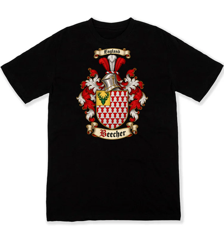 Beecher coat of arms on a black Tshirt
