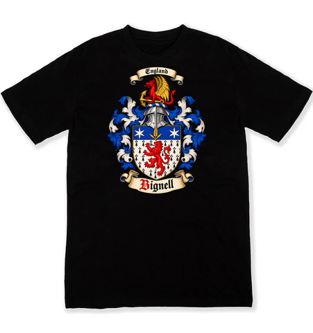 Bignell coat of arms on a black Tshirt