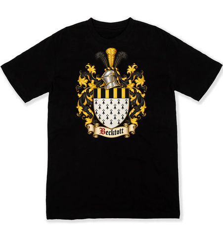 Becktott coat of arms on a black Tshirt